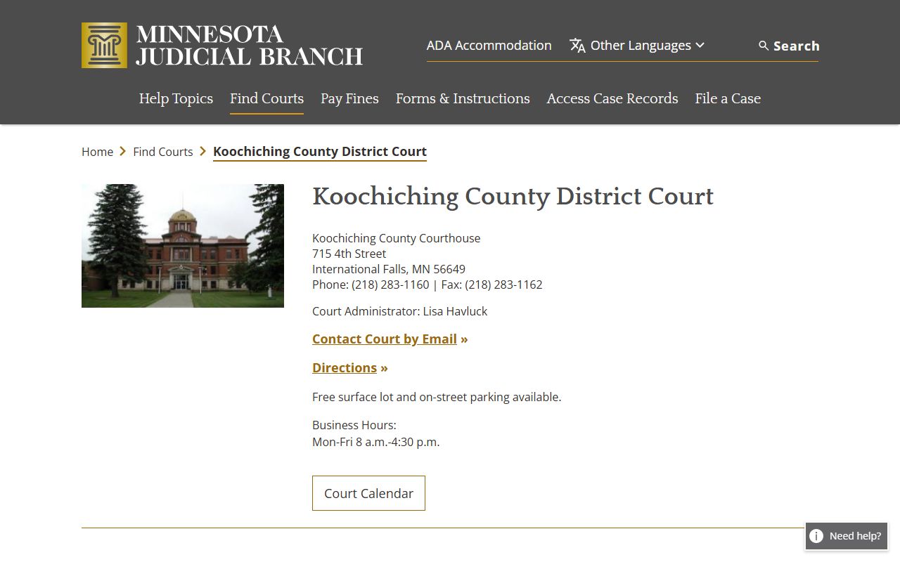 Koochiching County court records after arrest District Court page