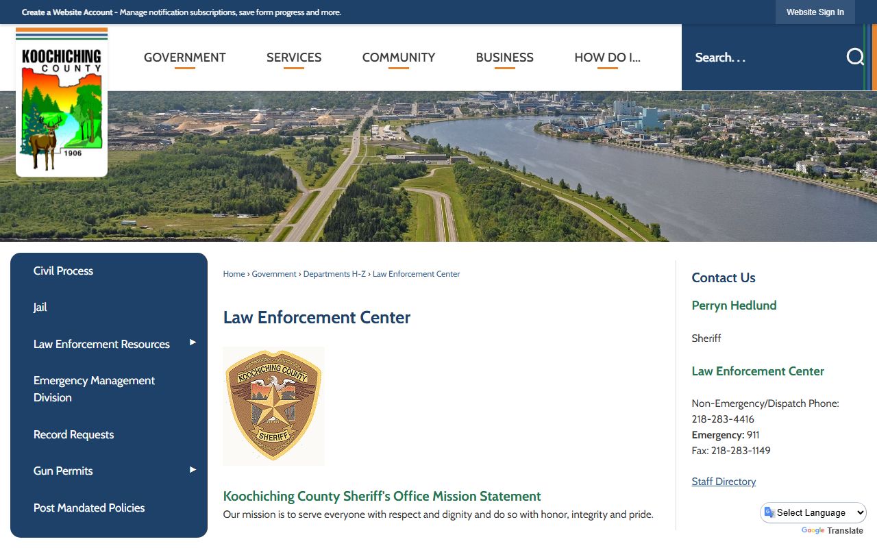 Koochiching County inmate records Law Enforcement Center contact page