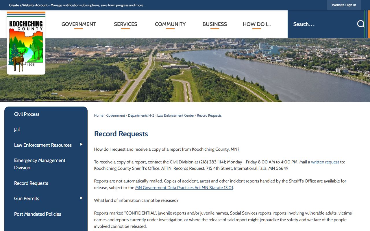 Koochiching County inmate records sheriff records request page